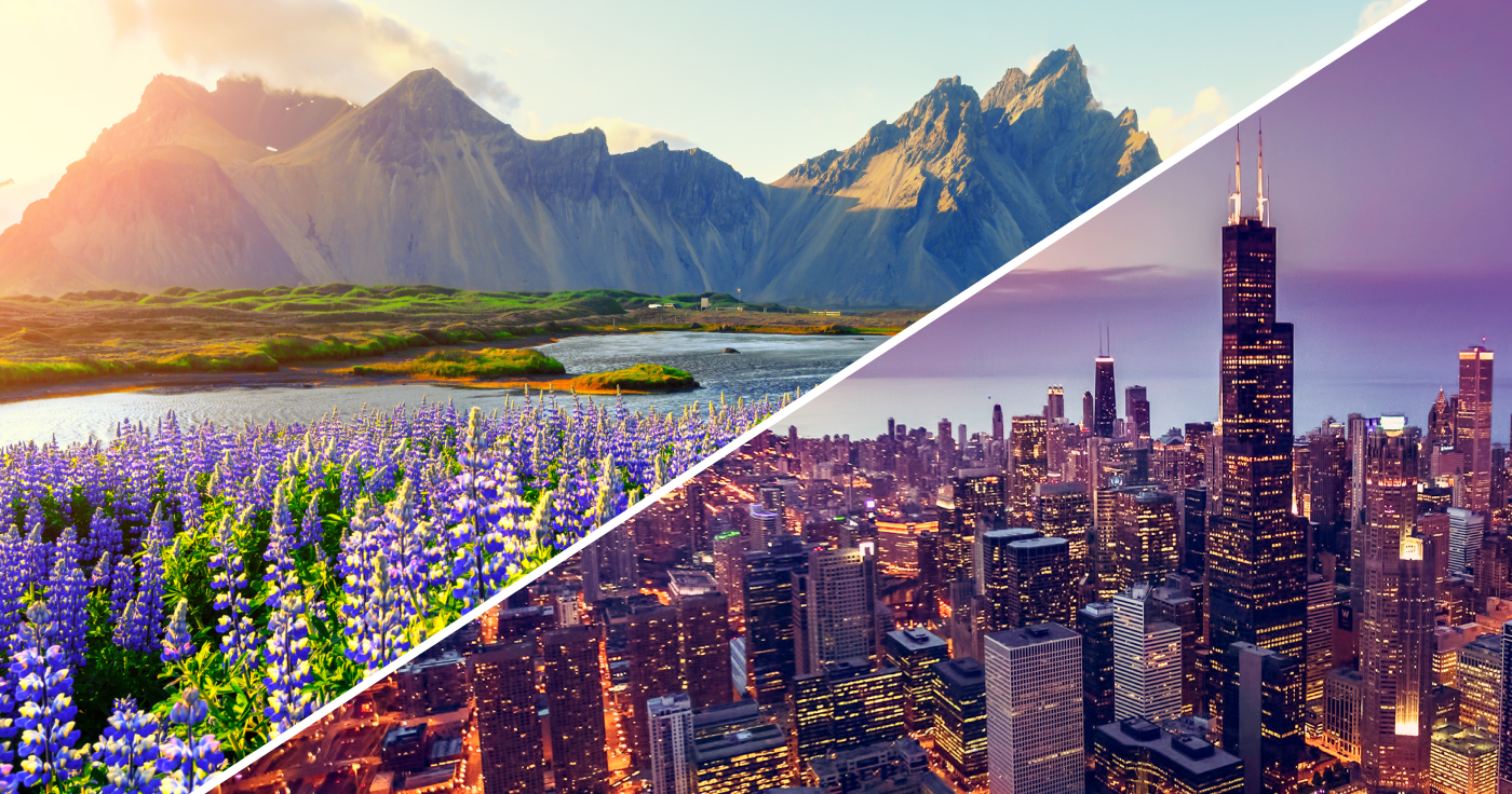 View of guest on FlyOver ride shows spherical screen and legs hanging from chairs